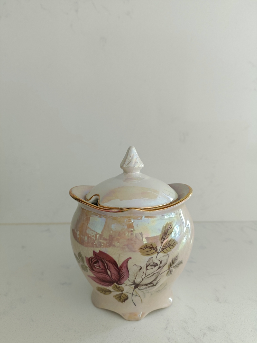 Porcelain Floral Canister with Gold Trim - Cream and Rose